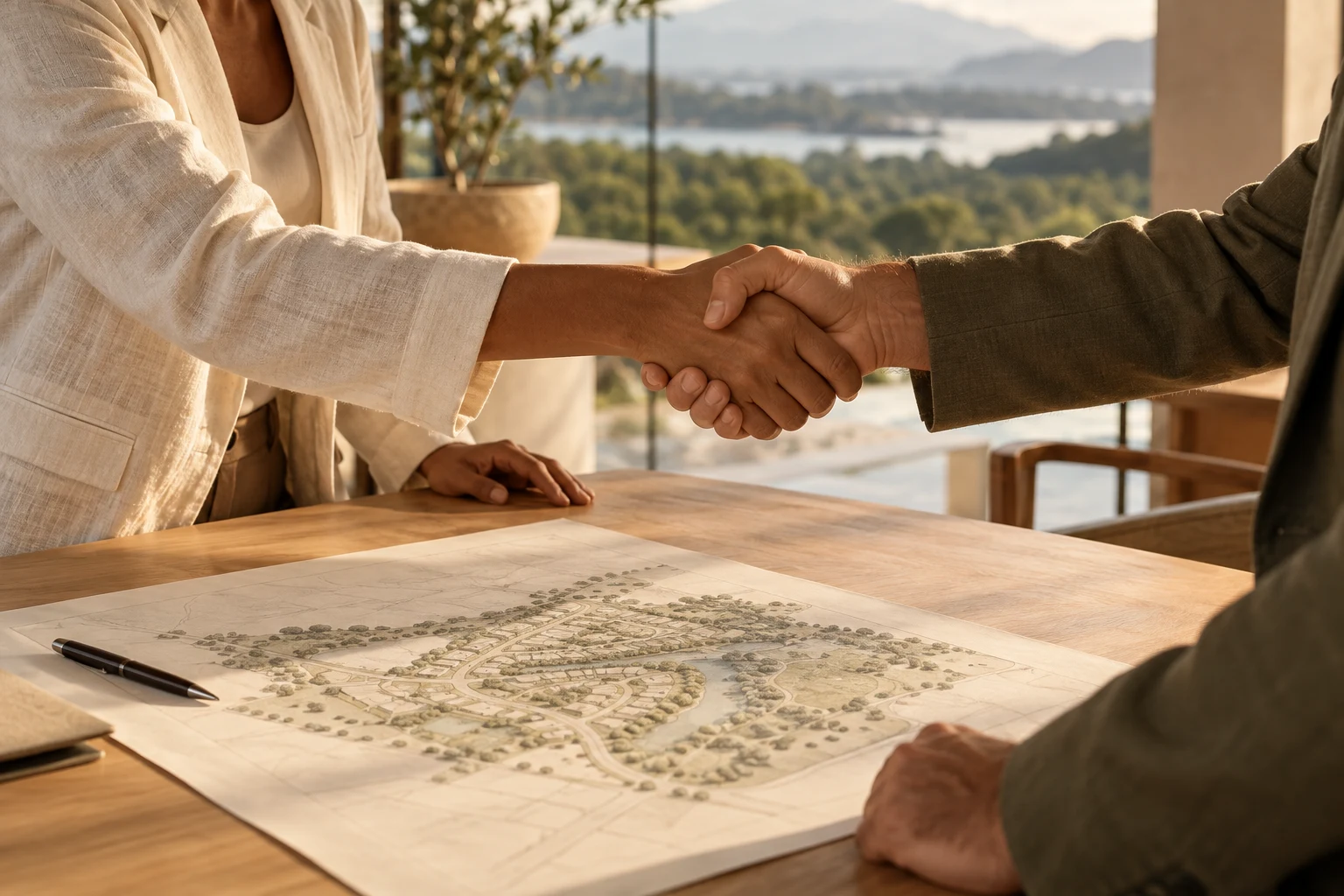 Aperto de mãos entre profissionais sobre um estudo de implantação, simbolizando uma parceria imobiliária
