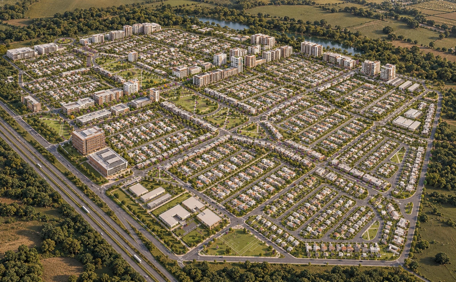 Estudo de masterplan da ATENA com bairros, áreas verdes e avenidas arborizadas em vista aérea