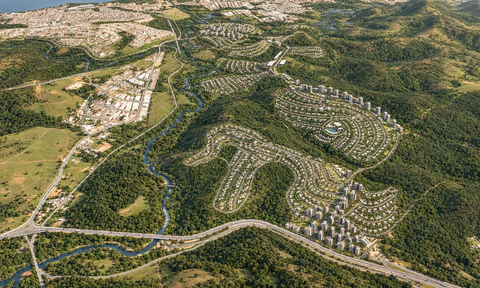 Vista aérea conceitual de um território com áreas verdes, bairros e conexões viárias