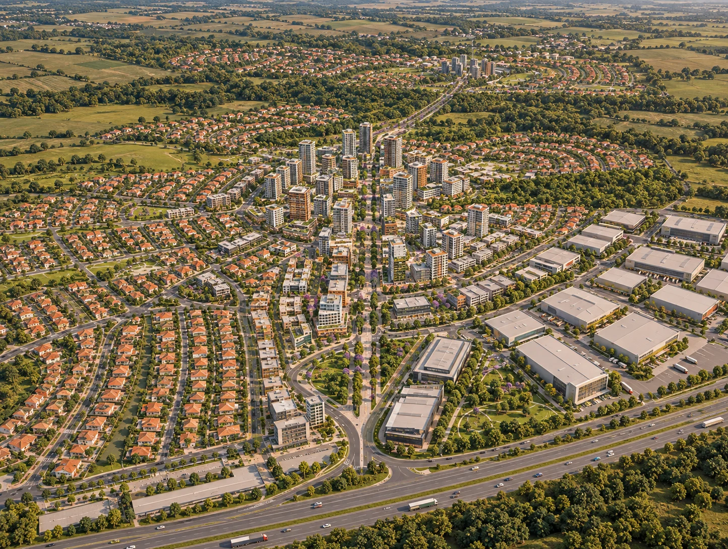 Vista aérea de uma nova centralidade com bairros, avenidas arborizadas e edifícios integrados à paisagem rural